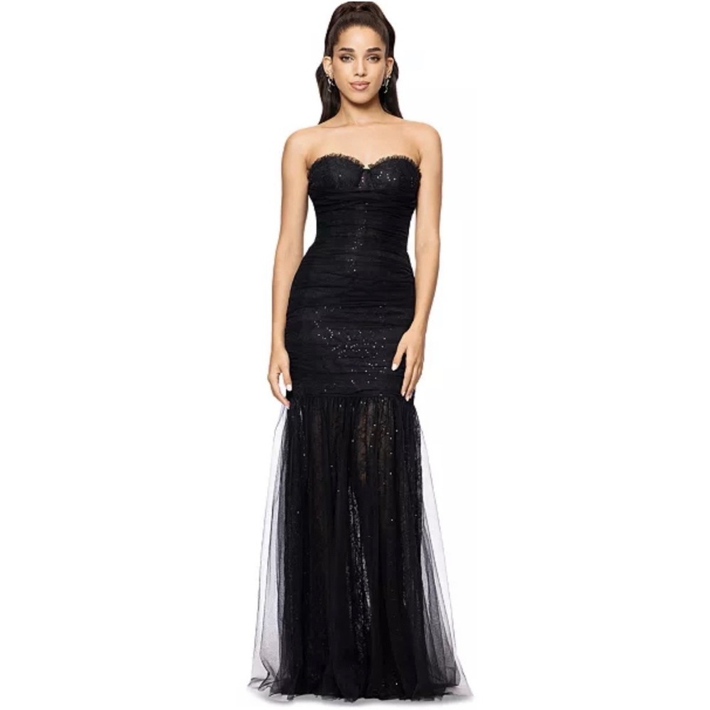 Betsy & Adam Women's Black Sequined Lace Corset Gown Dress Size 8 Sweatheart